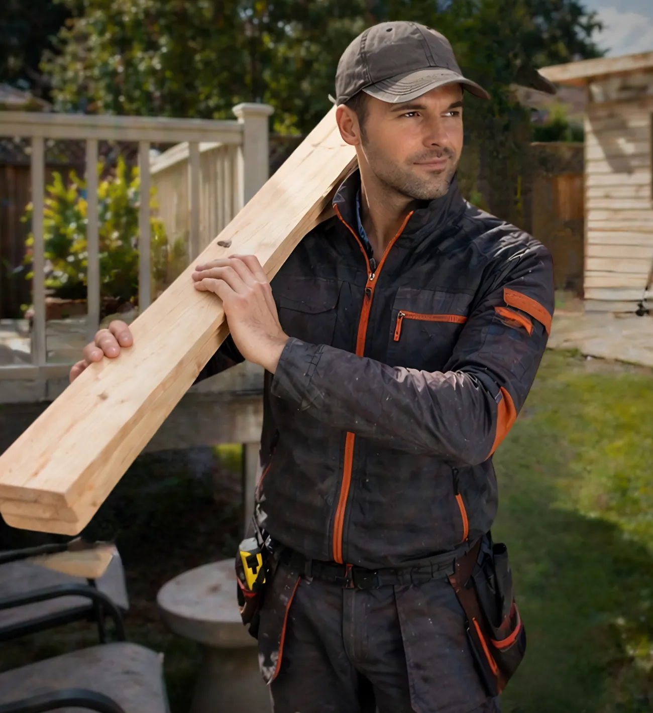 BEST ADU LA builder carrying a wood plank during backyard ADU construction in Los Angeles