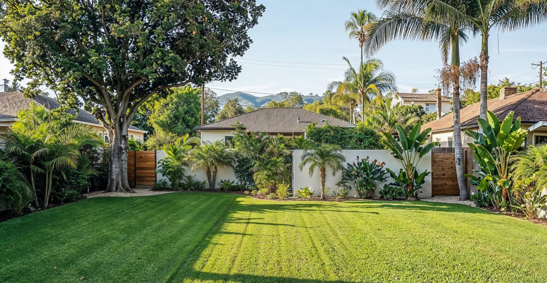 Empty backyard space in Los Angeles CA before ADU construction with lawn and landscaping