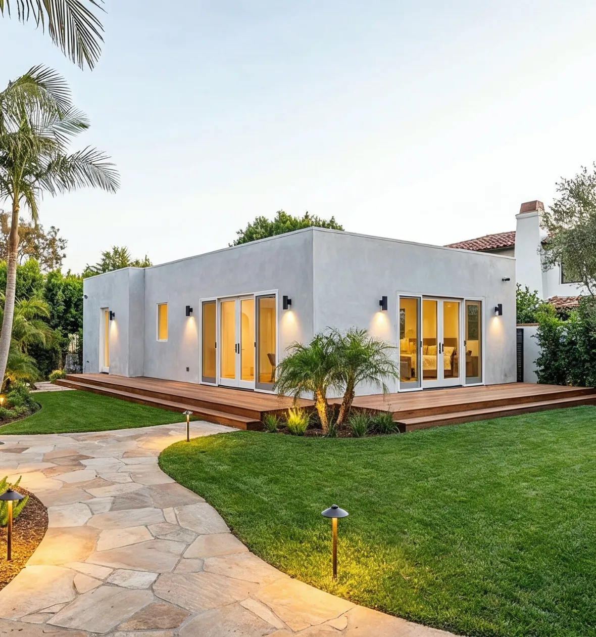 Custom ADU design build in Los Angeles CA modern backyard accessory dwelling unit with large glass doors and outdoor deck