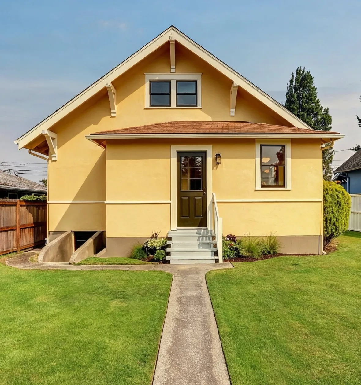 Detached ADU construction in Los Angeles CA classic backyard guest house with front entry walkway and landscaped yard